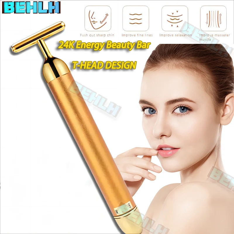 24K Gold Roller Vibrating Facial Massager Slimming Facial Skin Beauty Pulse Firming Face Massage Lift Tightening Wrinkle Bar