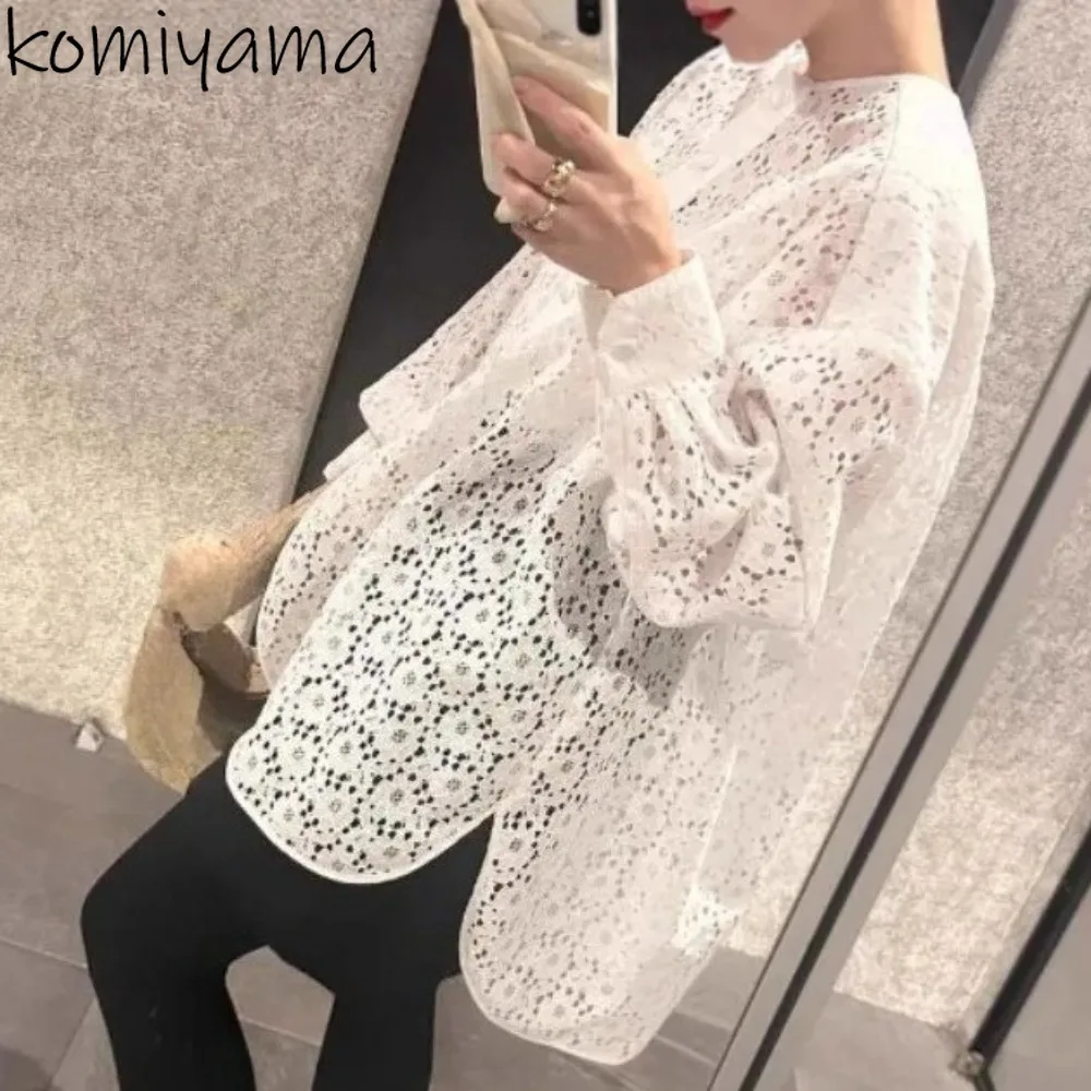 

Autumn Lace Spliced Blusas Japan Hollow Out Woman 2025 Shirts BlousesLoose O-neck Ropa Mujer Long Sleeve Camisas Clothing