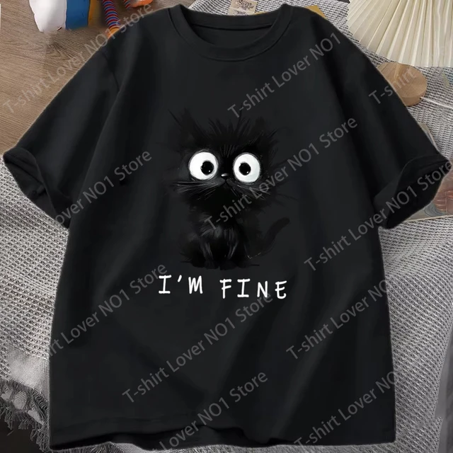 New Women's Cute Cat Pattern Graphic Short Sleeve T-Shirt Round Neck Casual Tshirt Tops Cool I'm Fine Printed Female Tees 2