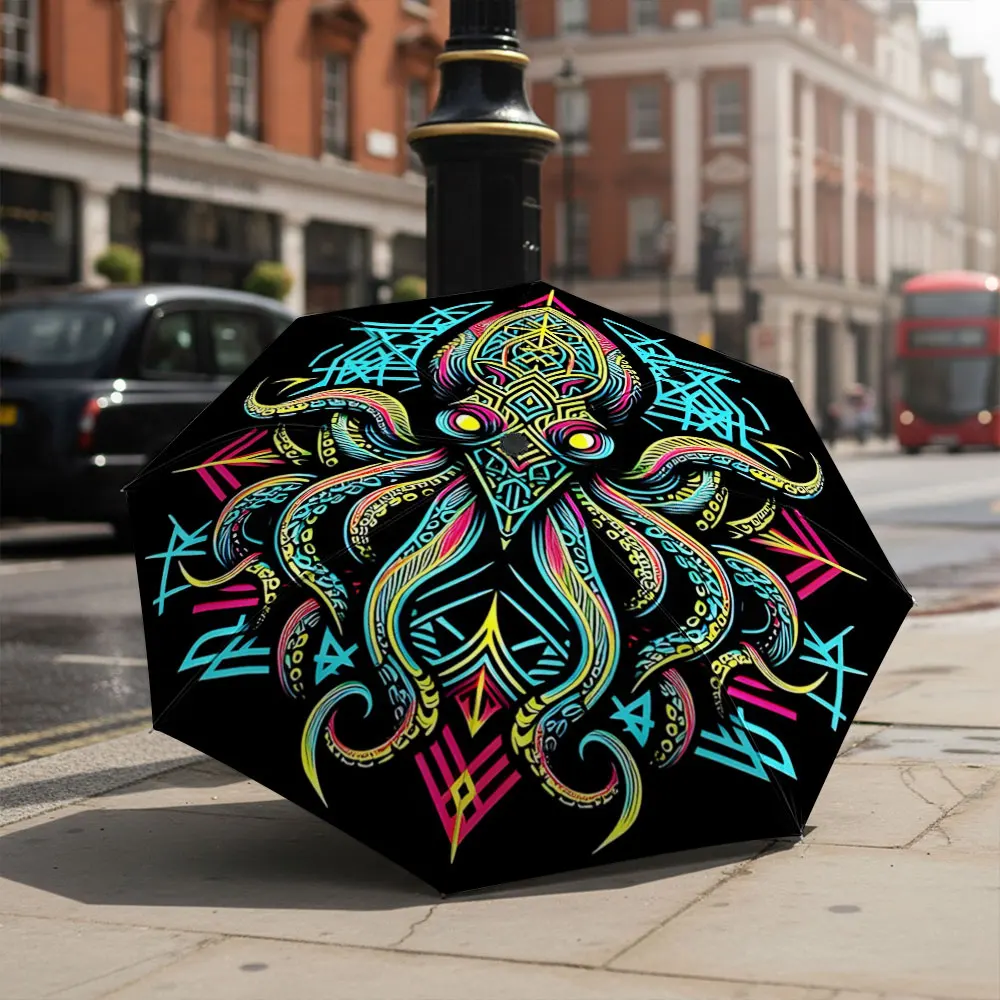 1P C Vivid Octopus Art Umbrella in Front of Historical Building Print 8 Iron Ribs Folding Umbrella Auto-Open Fashion Sunshade