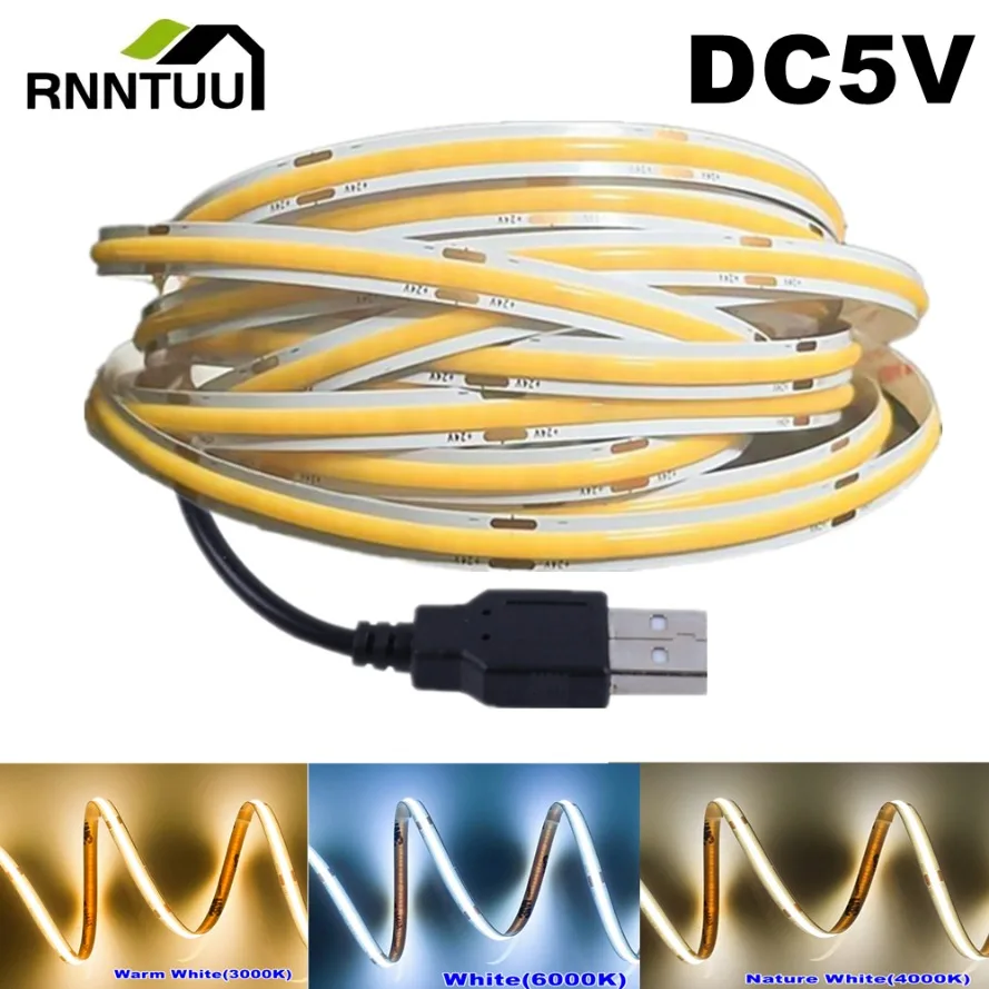 USB 전원 공급 장치가 있는 COB LED 라이트 스트립, 고밀도 유연한 조명, 멀티 컬러 라이트 스트립, DC5V, 320LED/m, 3000K, 4500K, 6500K 