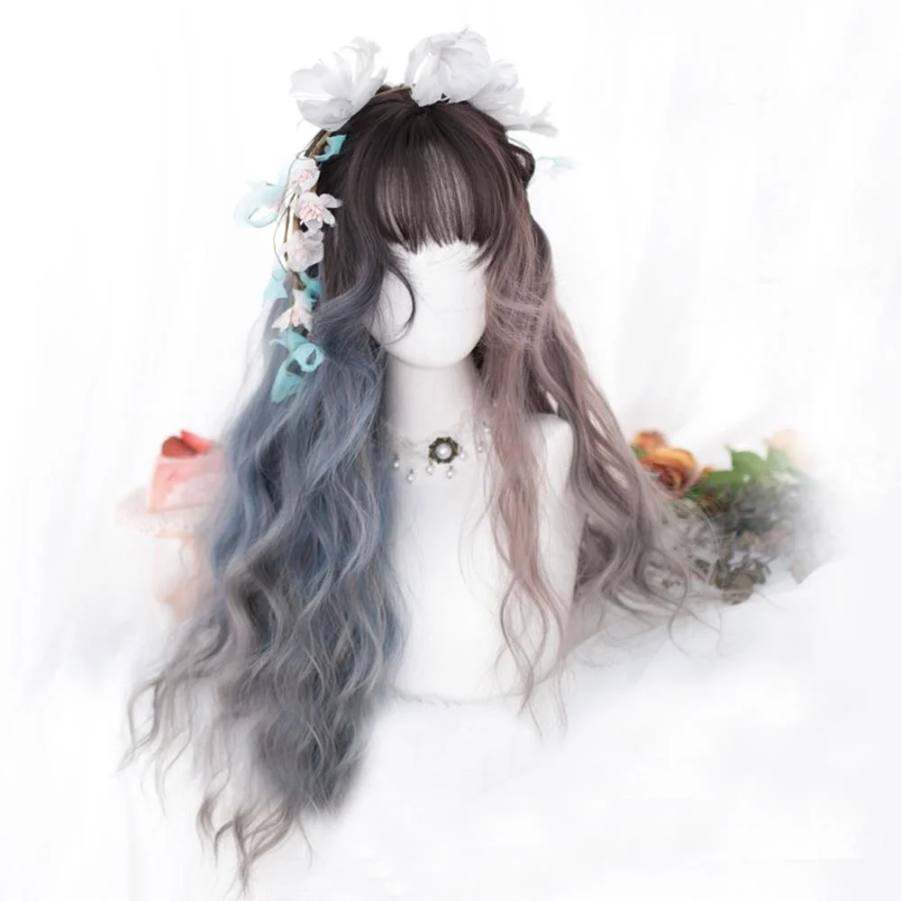 

CosplayMix 75CM Halloween Party Lolita Cute Girl Long Wavy Blue Ash Purple Ombre Hair Heat Resistant Synthetic Cosplay Wig+Cap