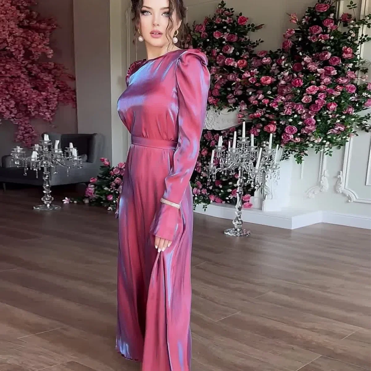 Long Dresses Women Ramadan Fashion Shiny Dubai Muslim Dress Female Autumn Elegant Flare Sleeve Casual Loose Bandage Robe