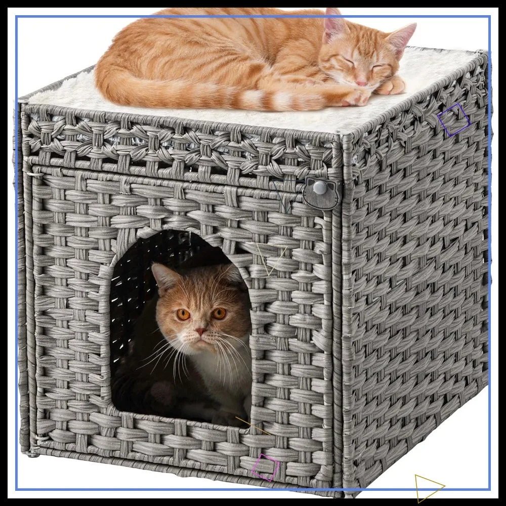 Double Cat Cave Bed for Indoor Cats, Handwoven Rattan Hideaway with Soft Cushions, Foldable 18.5x20.5x19.1 in Gray