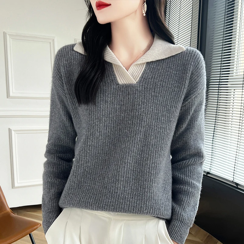 Autumn and Winter New Women's Sweater Collar Women's Knitted Hoodie 100% Wool Hot Selling Women's Top