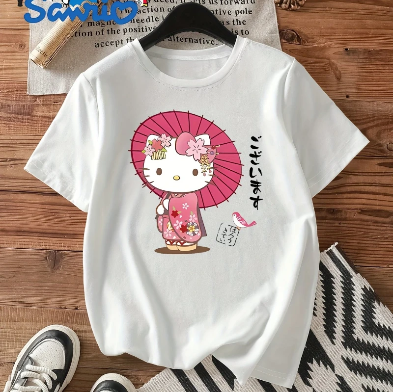 

Sanrio HelloKitty Ladies Short Sleeve T-shirt-Japanese Cherry Blossom Umbrella Pattern Printing Soft Breathable Fabric