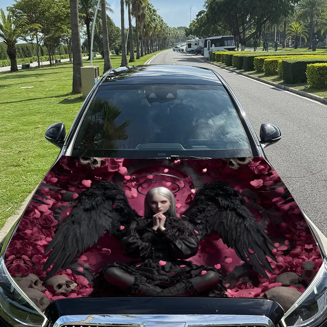 

Pink Hearts, Skulls & Black - Winged Angel Car Vinyl Wrap, PVC Material Waterproof Car Hood Sticker, Self-Adhesive Scratch-Resis