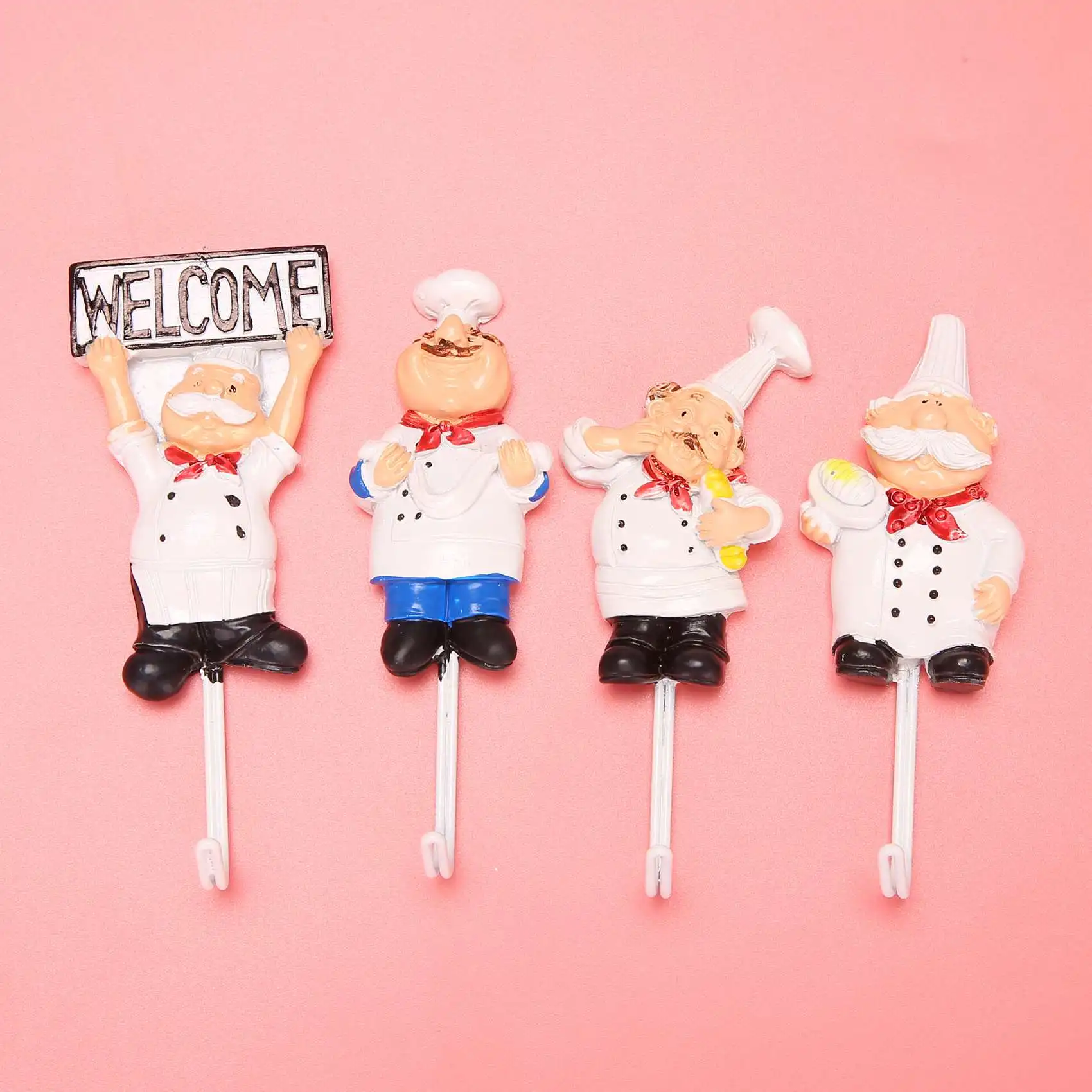 ABGE-Pack Of 4 Resin French Chef Figurine Wall Hooks Decorative Cook Wall Mount Rack Hook Hanger(Assorted Style)