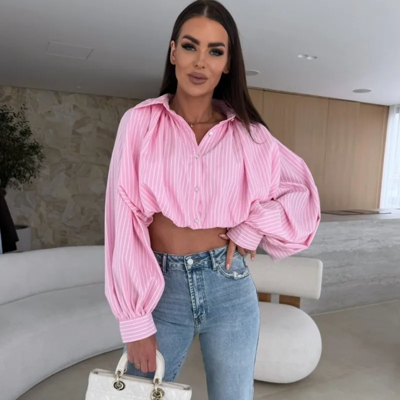 Camicie a righe da strada alla moda Camicia corta sexy da donna Crop Top Primavera Estate Manica lunga Bottone con risvolto Camicetta da donna Camicette eleganti