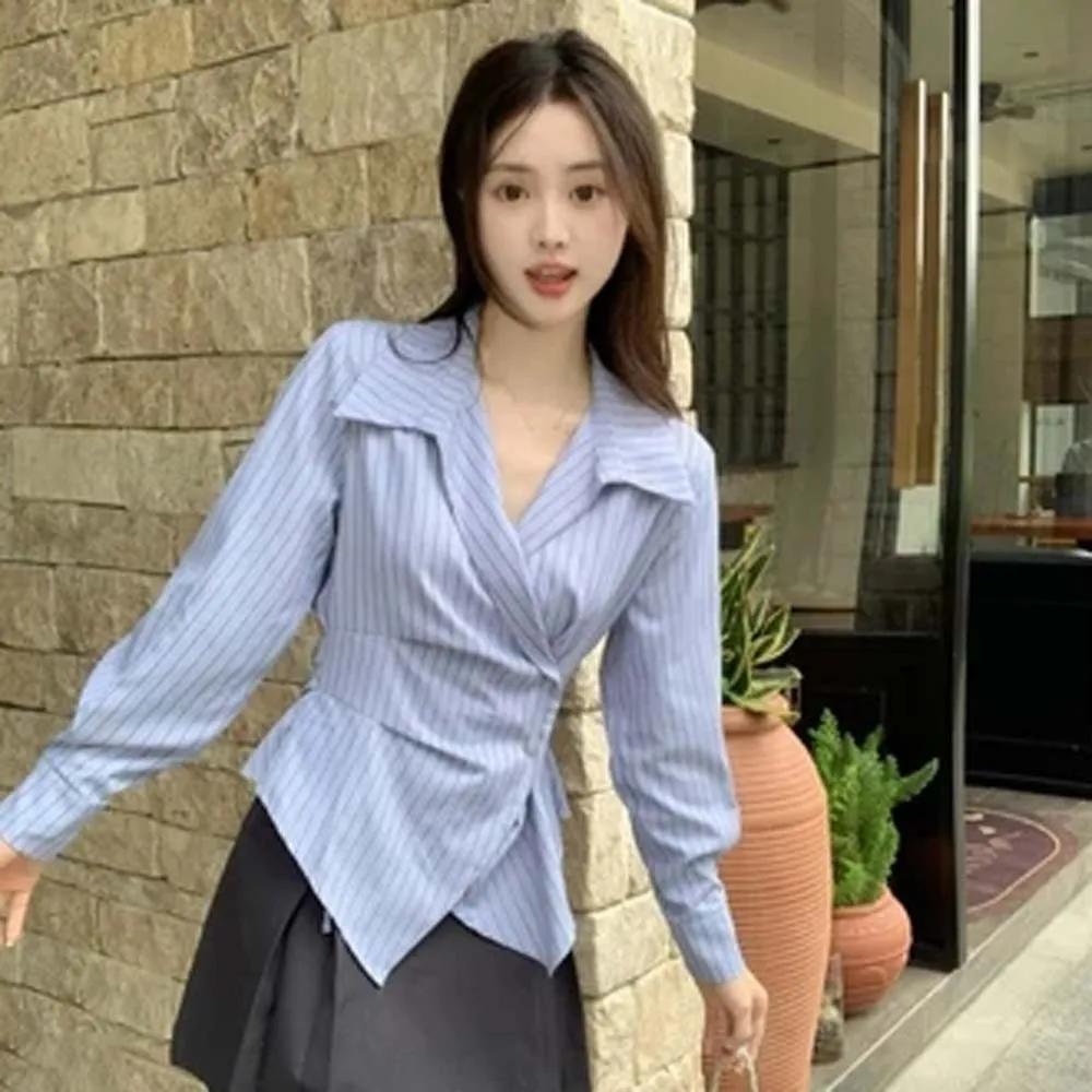 

Short Women Blue Stripes Blouse Korean Style Slim Fit Long Sleeve Shirts Blue Stripes V-neck Slim Buttons Shirts Lady Business