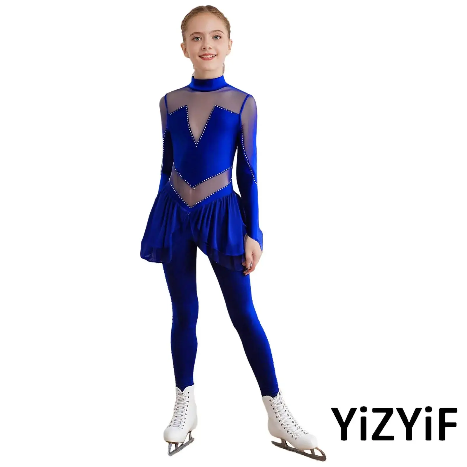 

Girls Showstopper Figure Skating Jumpsuit Mock Neck Long Sleeve Crystal Patchwork Shiny Bodysuit for Ice Gymnastics Performance