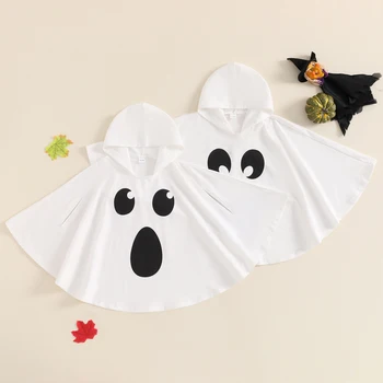 男の子と女の子のためのゴーストプリントハロウィンコスチューム、フードケープ、コスプレ服、子供のためのマント
