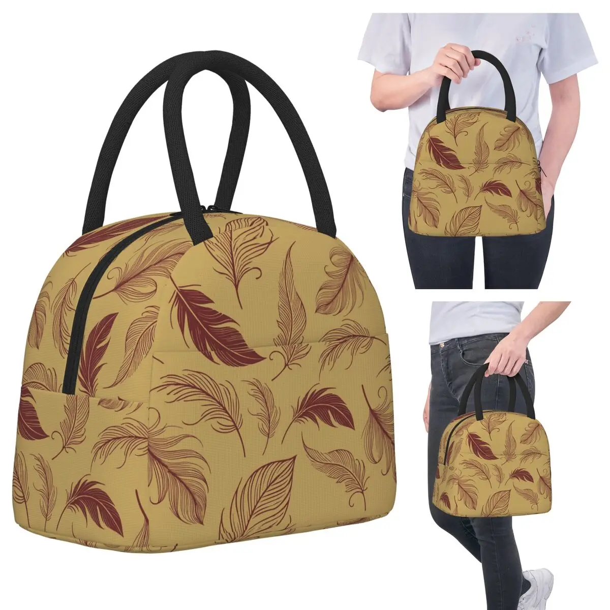 

Crimson Elegance Feather Design Insulated Lunch Bag for Kids School Cooler Thermal Food Box Tote Portable Lunch Boxes Container