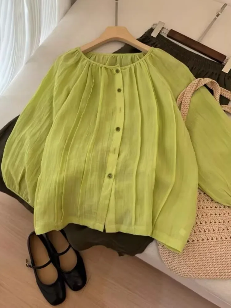 Unico lungo Sve irt Estate da donna Nuovo Sle Sottile Protezione solare Cotone Lino Pieghettato Avocado een Colore Versatile Loos...