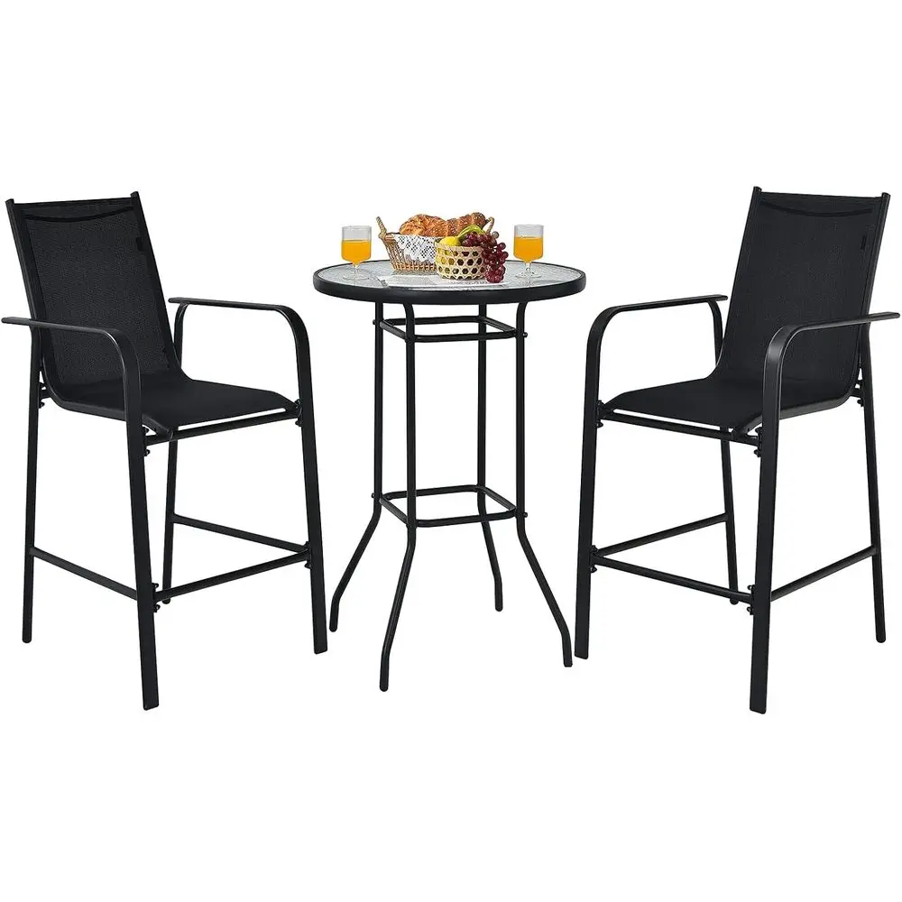 

3-Piece Outdoor Patio Bar Set with 2 Stools and Tempered Glass Table, Black