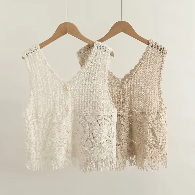 

Women Summer Crochet Sleeveless Vest Waistcoat Ethnic Hollow Out Knitwear Bohemian Cardigan with Tassels