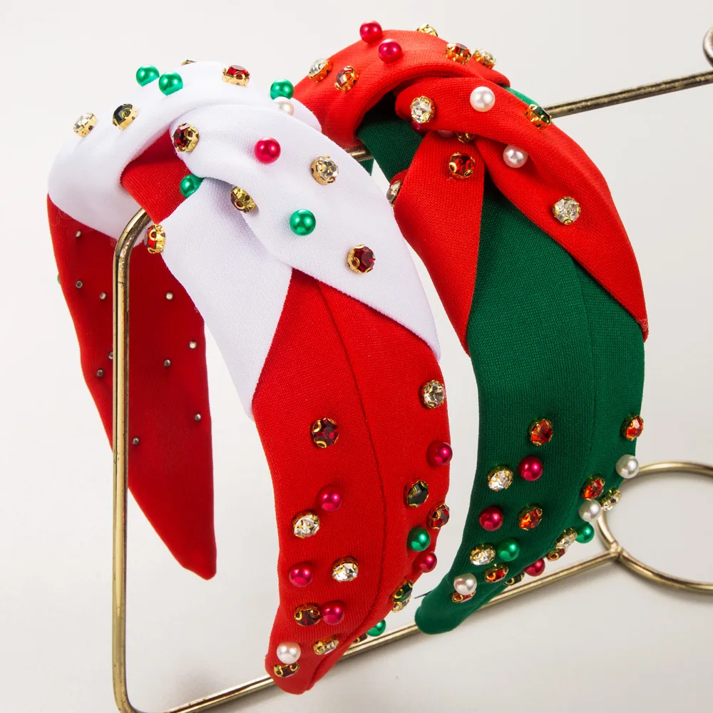 

Christmas Red Green Knot Headband Festive Pearl Crystal Hairband Holiday Party Hair Hoop Wide Top Knot Hair Accessories
