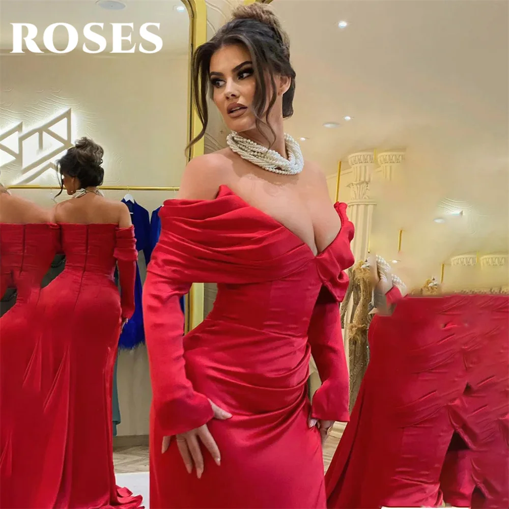 ROSES Simple Red Party Dress Off The Shoulder Sweetheart Mermaid Wrap Hips Prom Dress Pleats Satin فستان سهرة نس Evening Dresses