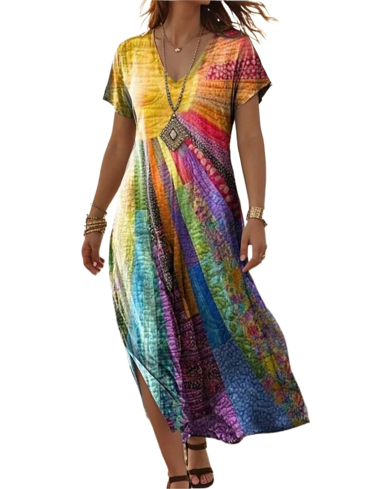 Mode Druck Kleid Dame Casual V-ausschnitt Kurzarm Lose Kleider Für Frauen Boho Urlaub Strand Rock Robe Femme Sommer Kleidung