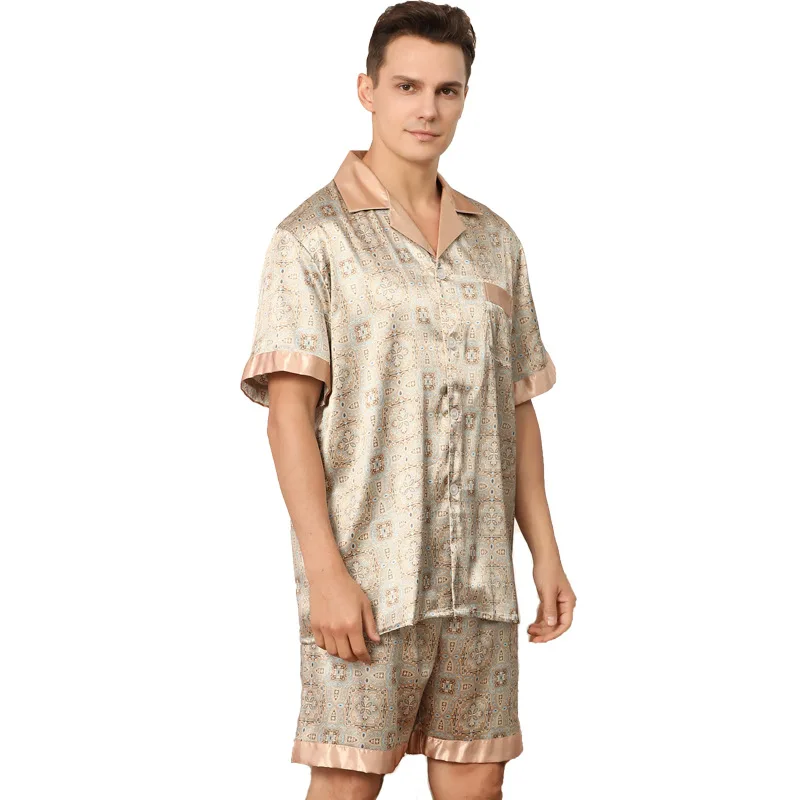 European Size Pyjama Men Printed Short Sleeved Shorts Pajamas for Men Set Large Bust Satin Silk Pajamas Sleep Wear Pijamas