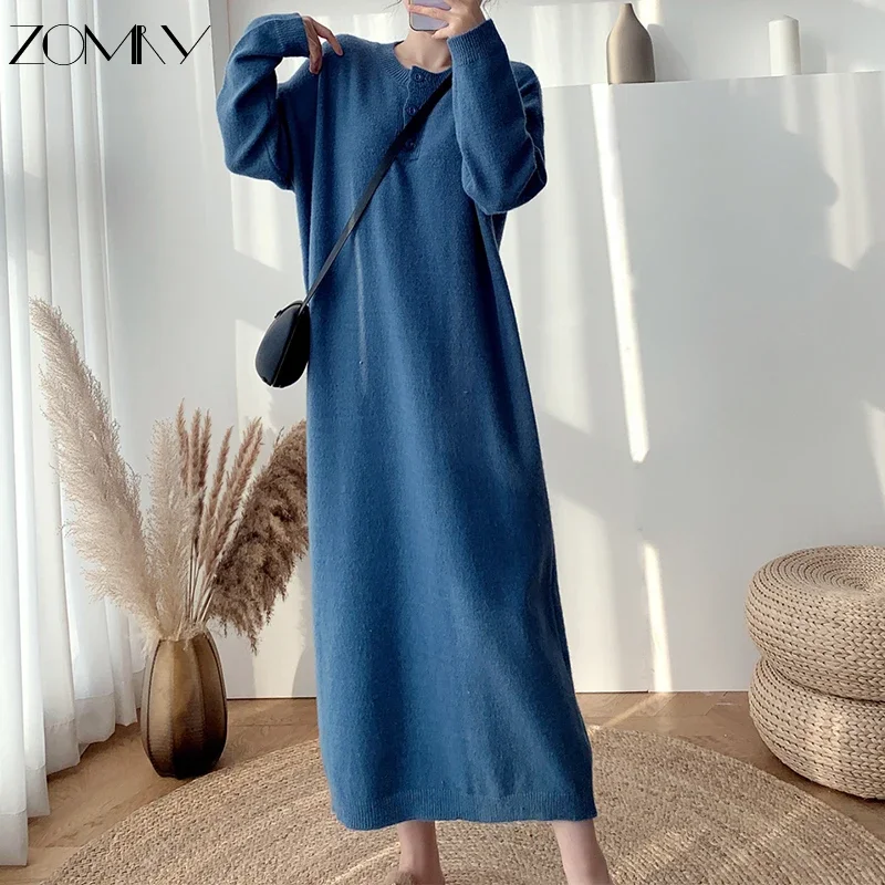 ZOMRY Korean Retro Loose Simple Sweater Knitting Dresses Women‘s O-Neck Party Evening Warm Vestidos Autumn Winter New Clothing