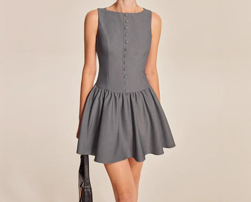 

2026 Summer New Women's Sleeveless Casual Button up Dress with ruffle edge