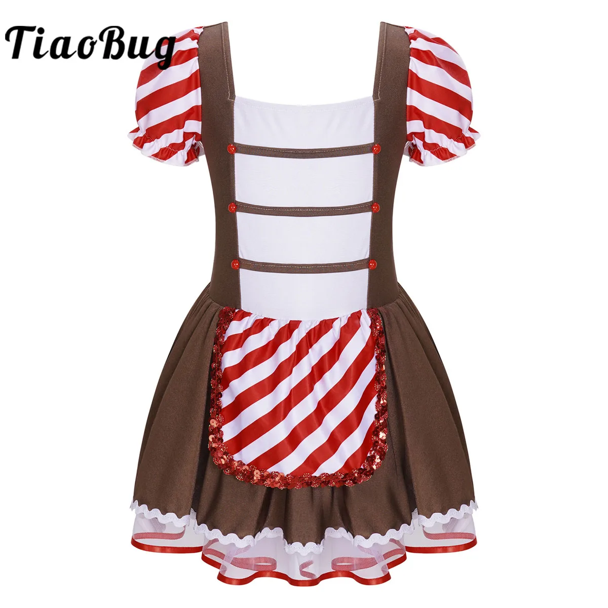 

Sequins Gingerbread Dress Costume Kids Girls Christmas Halloween Cookie Role Play Dress up Stripe Apron Leotard Tutu Dress