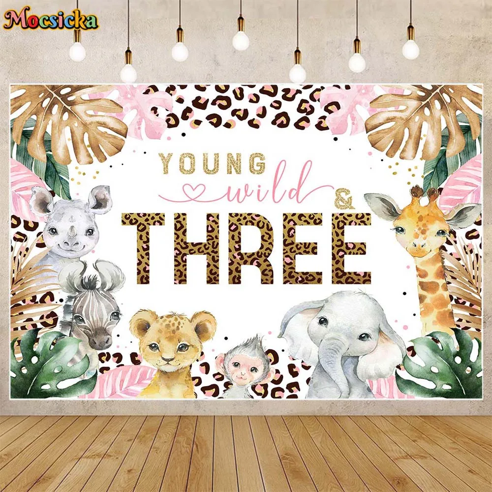 Mocsicka Girl Wild One Birthday Sfondo Giungla tropicale Foglie Animali Baby 1st Birthday Party Decor Sfondo Photocall Puntelli