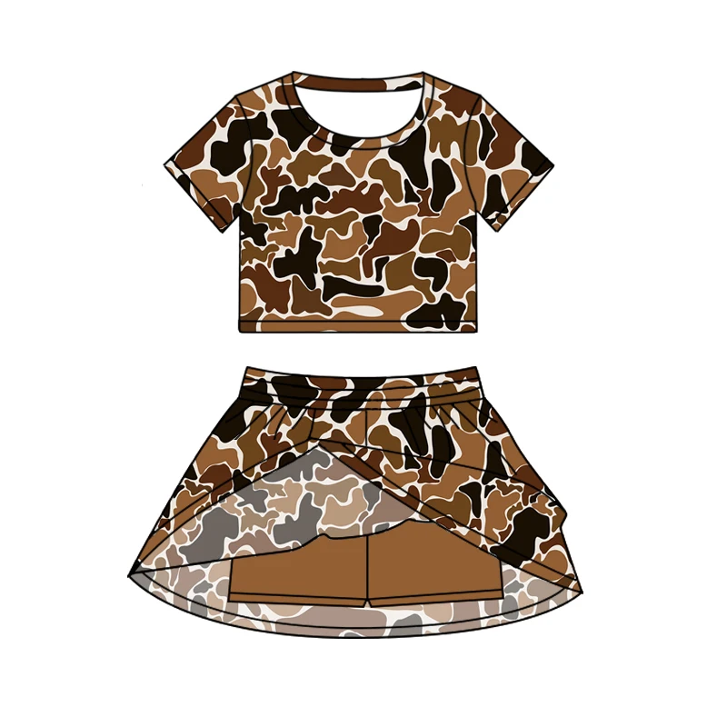 

Girls Boutique Clothes Girls Outfit Sets Camouflage Print Short Sleeve Short Skirt Summer Girls Clothes Milk Silk