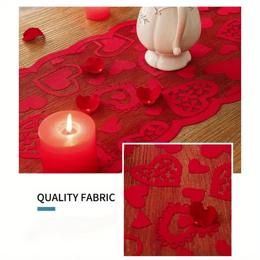 Classic Red Heart-Themed Valentine\'s Day Decorative Tablecloth, Polyester Woven Table Runner Suitable for Family Gatherings and Couples\' Dates.