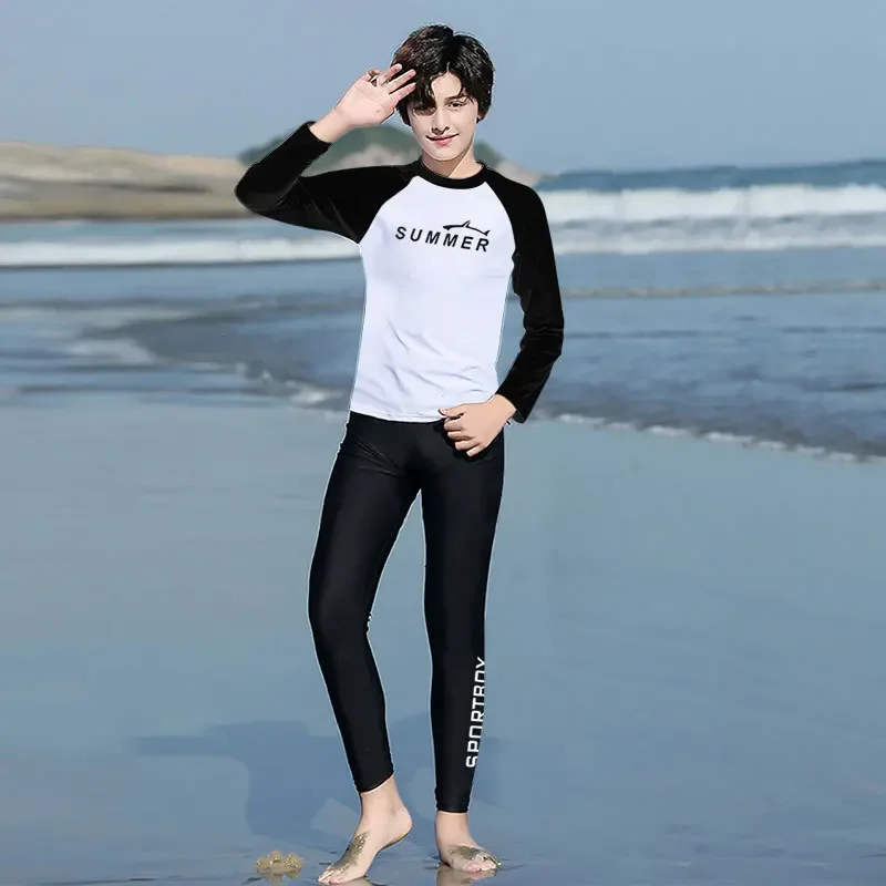 Costume da bagno estivo per bambini, protezione solare, costumi da bagno a maniche lunghe, lettera da ragazzo, muta sportiva da sub, costumi da bagno ad asciugatura rapida