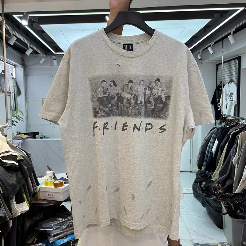 Washed SAINT TEE FRIENDS Tie Dye With Gray Holes T Shirt Men Women High Quality Short Sleeve T-shirt Top Tees