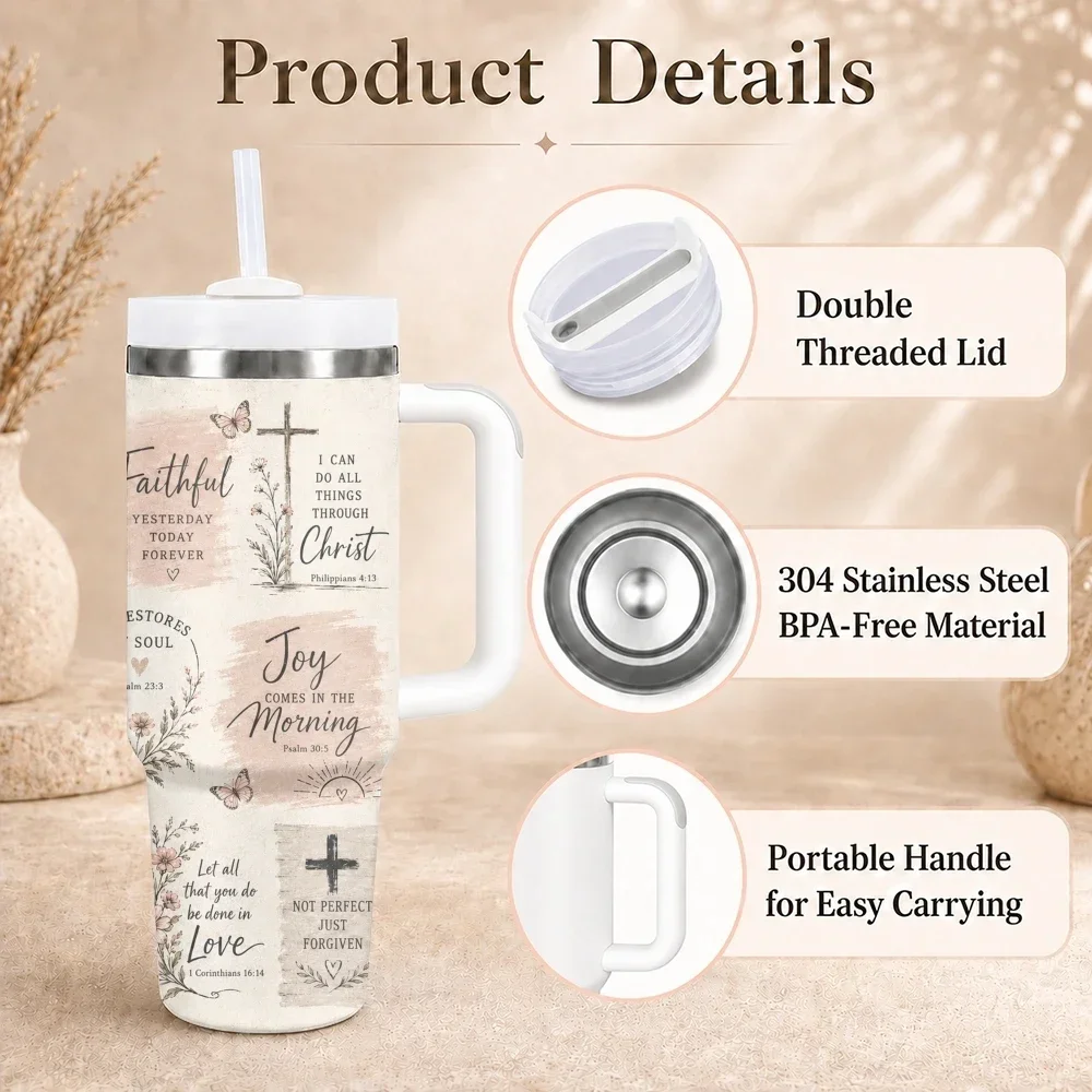 Thank God Vacuum Flasks 40oz Stainless Steel Insulated Tumbler with Handle & Straw Leakproof Travel Mug