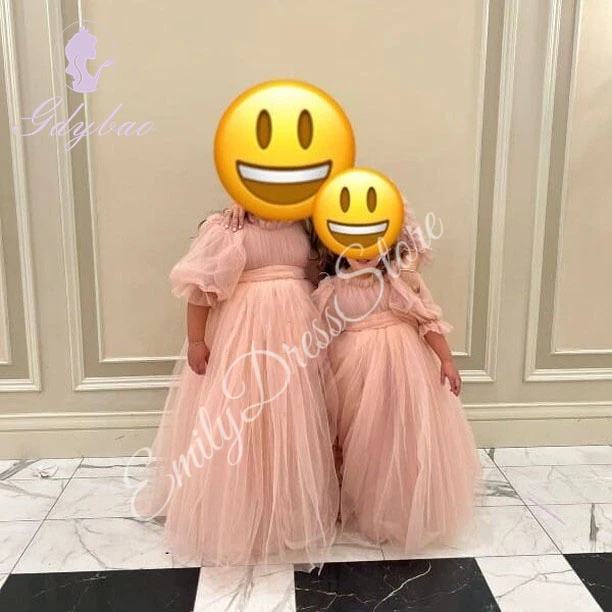 Vestido de menina de flor de dama de honra de tule rosa personalizado para casamento plissado cintura alta meia mangas vestido de primeira comunhão de aniversário infantil