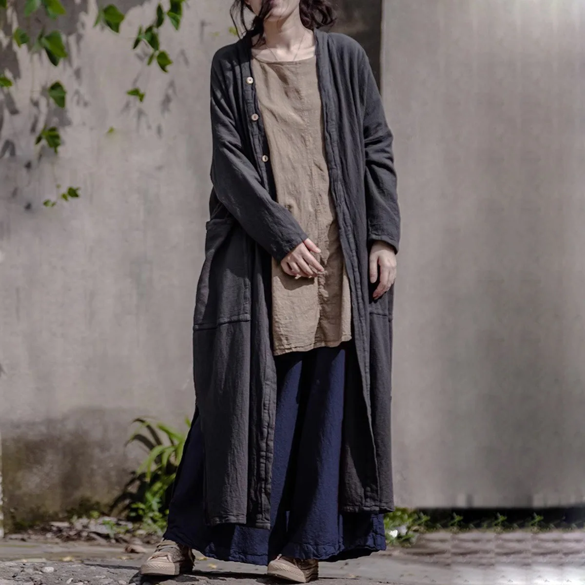 

Fall Women High-End Cotton Linen Texture Long Length Trench Coat Open Front Cardigan Kimono Long Sleeve Maxi Duster with Pockets