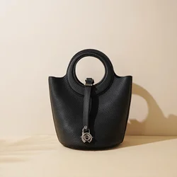 Genuine Leather Women's Small Bucket Bag Vegetable Basket Head Layer Cowhide New Handbag Shoulder Crossbody Luxury Designer Bag