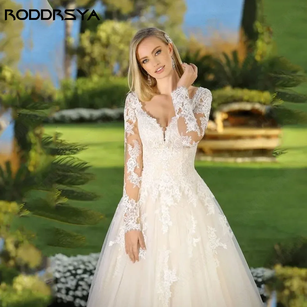 RODDRSYA Elegant Long Sleeves Wedding Dress For 2024 Bride Backless V-Neck Applique A-Line Lace Bridal Gowns Robe De Mariée