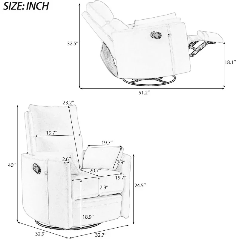 Swivel Rocker Glider Nursery, Manual Recliner Chair Single Sofa Chair for Adults, Linen Fabric Rocker Chair