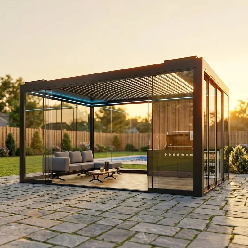 Off Grid Powered Aluminum Pergola with Built in Energy Storage Battery System Remote Cabin and Outdoor Living