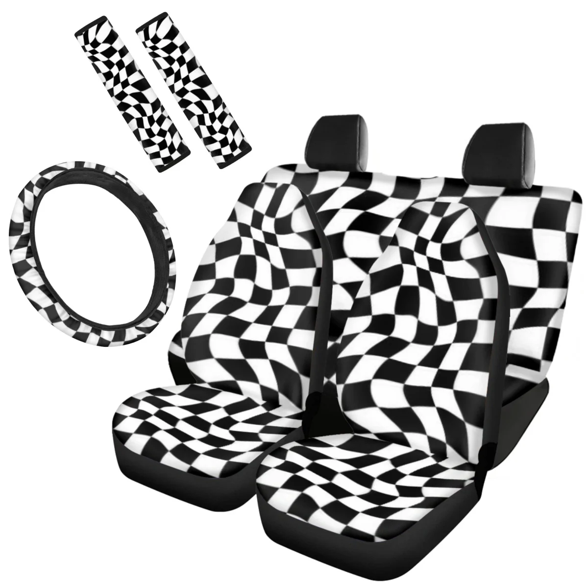 Front Back Seat Cover Set Black White Keyboard Grid Print Unisex 7Pcs Car Accessories Easy Installation for SUV Truck Vans Auto