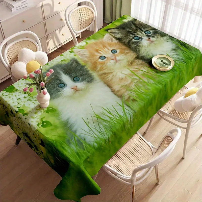 Lovely Pet Tablecloth, Realistic Kitten Floral Grass Print Waterproof Rectangular Cover for Pet Themed Party & Cafe Table Decor