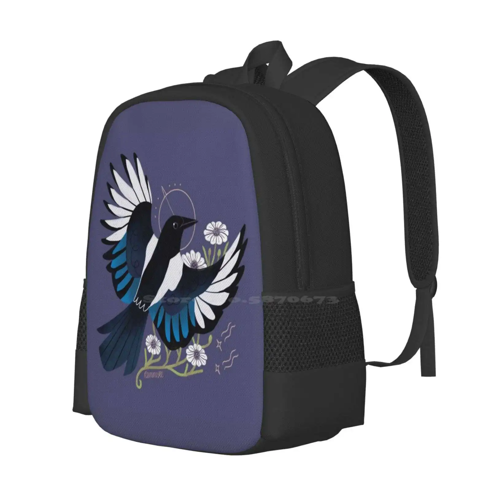 Familiar - European Magpie Hot Sale Schoolbag Backpack Fashion Bags Magpie Bird Animal Flower Magic Witchy Purple Stars