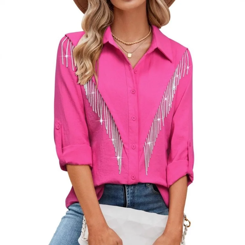 2026 Fashion Sparkling Fringe Button Women's Shirt Spring Summer New Casual Loose Simple Female Office Long Sleeve Shirt