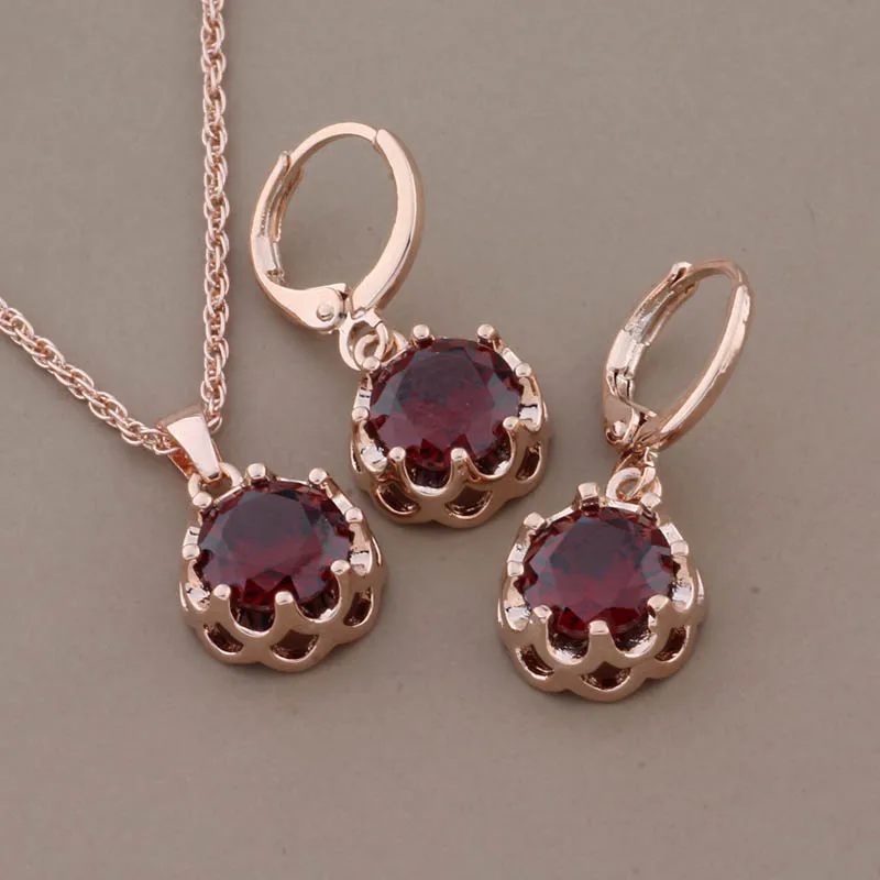 2024 Trendy Jewelry Sets 585 Rose Gold Color Drop Earring Set For Women Red Round Natural Zircon Elegant Women\'s Set