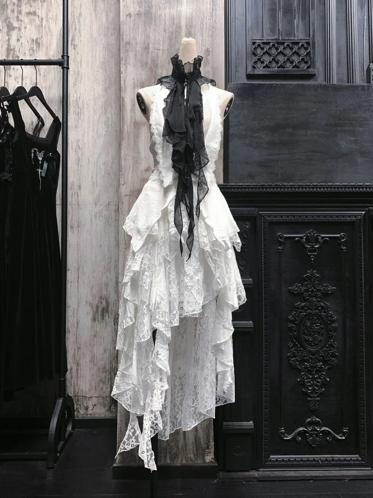 

3 Piece Sets Women Grunge Sleeveless Slim Fit Blouses + High Waist Lace Irregular Skirts + Black Scarf Y2k Aesthetic Outfits