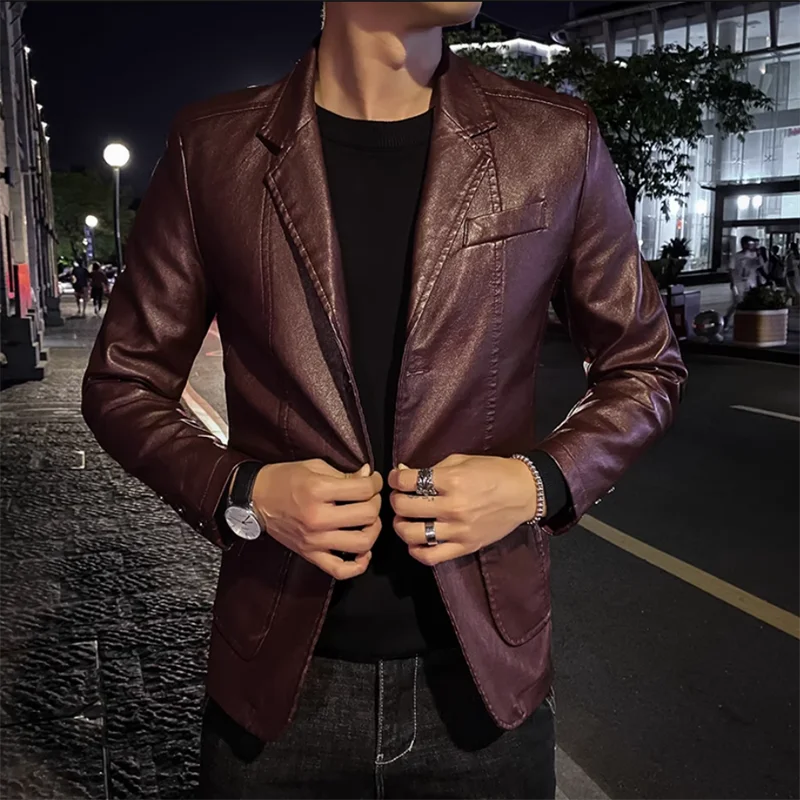 2023 New Men Business Casual Leather Jacket Black / khaki Fashion Men\'s Suit Collar Coats Large Size 5XL Slim Fit Top