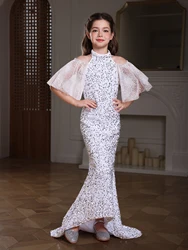 Charming Fish Tail  Floor Length Gown For Girls, Sequin Trumpet Sleeves Splicing Mesh Maxi Dress For Prom Birthday Party