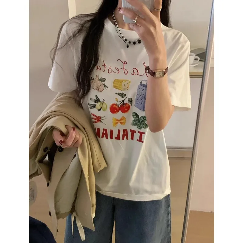 

Korean Style Vegetable Print Loose Base Short Sleeve T-Shirt Women's Fashion Simple Match Spring Summer New Arrival