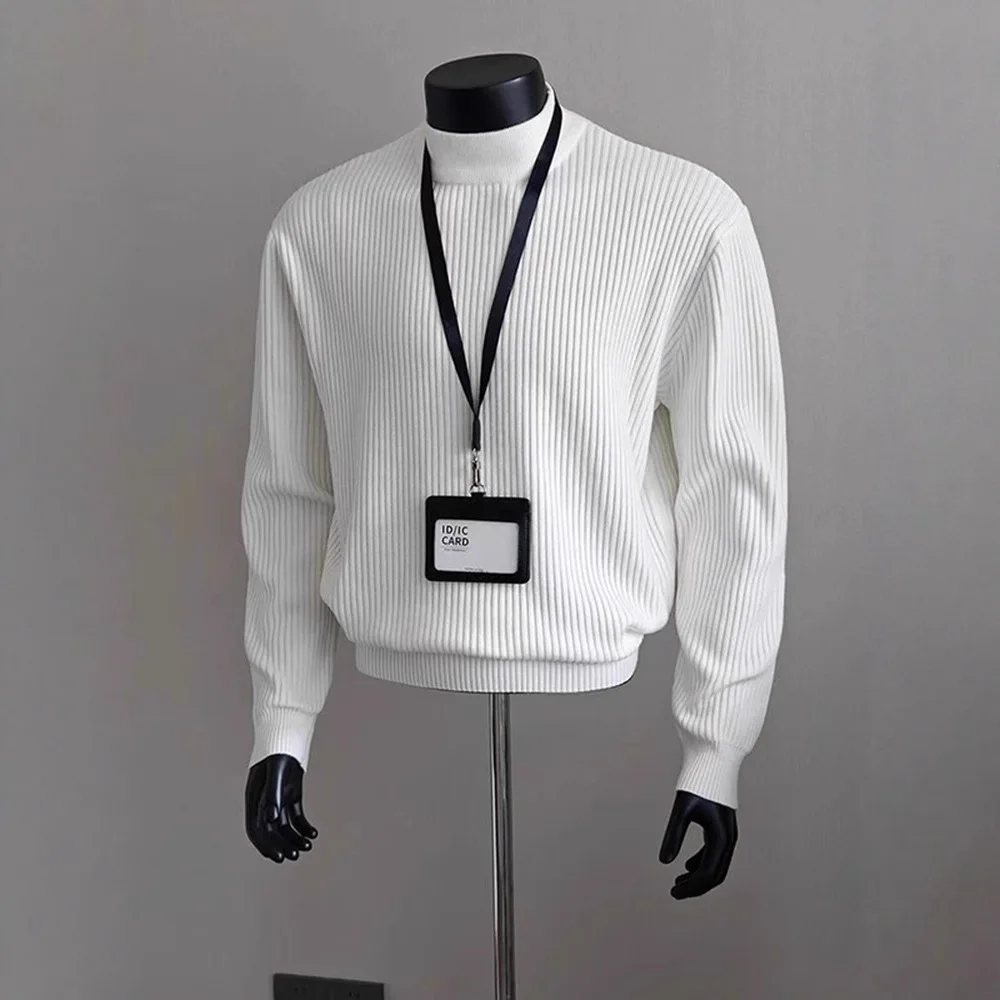 Man Base Layer 2026 Spring Men's Clean Fit Half High Collar Sweater White Ribbed Stripe Regular Shoulder Lazy Knitwear Pullover