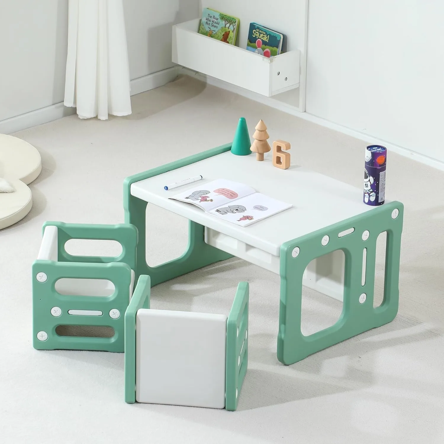 Conjunto de mesa de desmame 3 em 1 e 2 cadeiras, conjunto de mesa e cadeira infantil, 2 níveis de altura, mesa de atividades para crianças para desenho, jantar